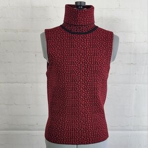 Cinq A Sept Sleeveless Turtleneck Sweater Knit Fitted Print Top in Red/Black XS